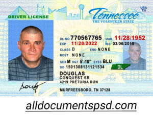 Tenessee Driver License Template PSD